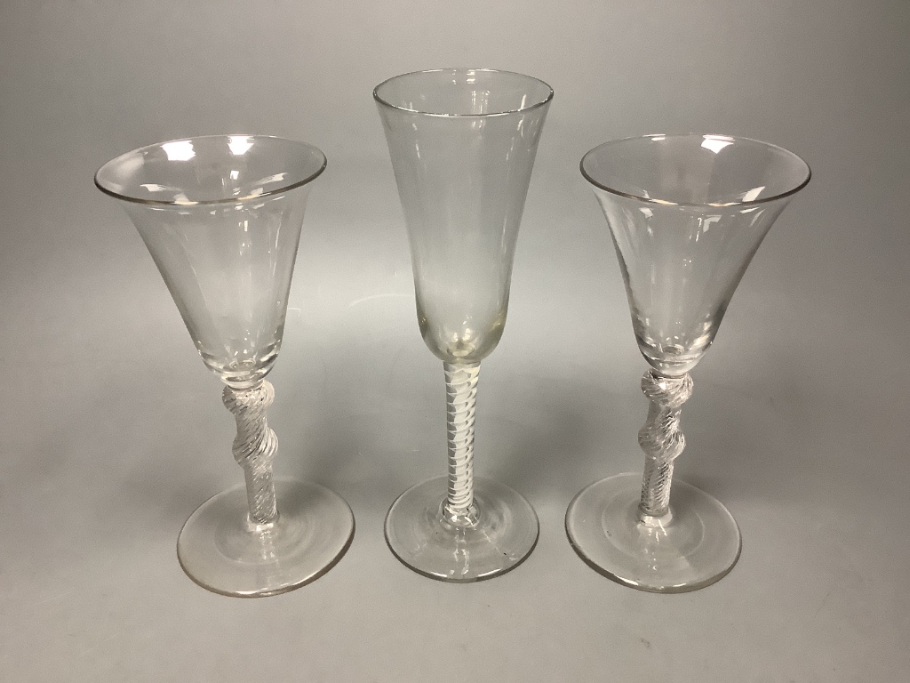 A George III double series opaque twist ale glass and pair of George III style air twist wine glasses, tallest 20cm
